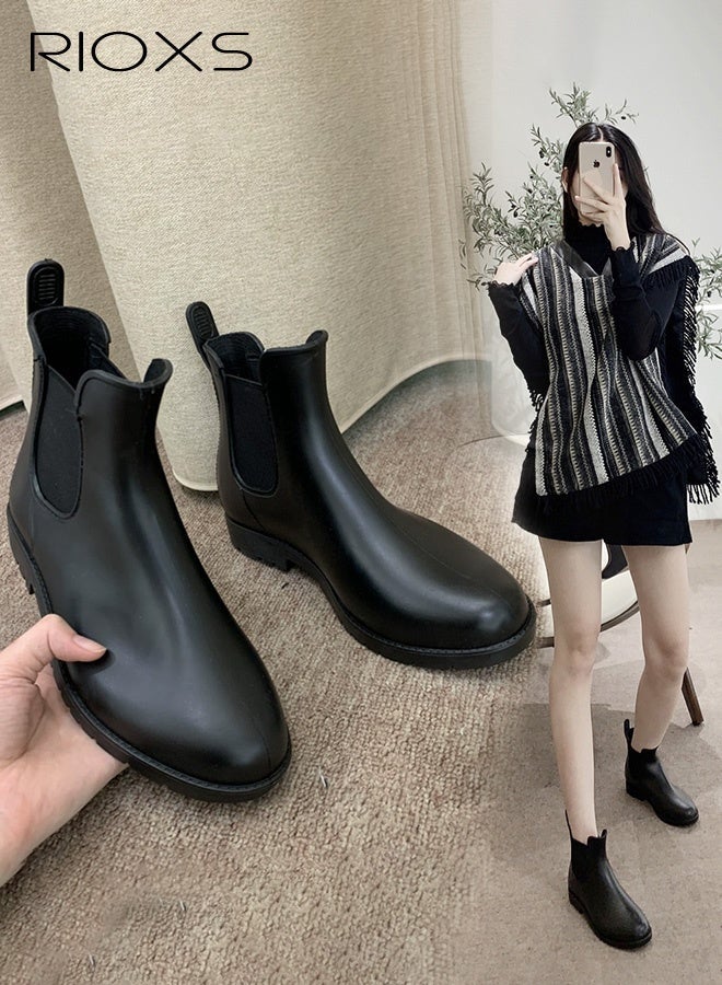 RIOXS Women's Classic Chelsea Boot, Waterproof Patent Leather Pull On Ankle Boots, Trendy Lightweight Elastic Low Flat Boots, Ankle Garden Shoes, Anti-slip Rain Boots for Laides, Trendy Dressy Boots, Suitable for Fishing, Boating, Farms, Hiking, Black - Image 3